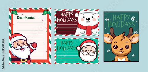 Set Collection Template on Decorated Paper with Christmas Character Illustration Vector for Christmas Letter to Santa Claus and Card 
