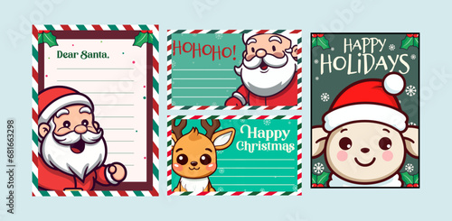 Set Collection Template for Christmas Letter to Santa Claus and Card: Decorated Paper with Christmas Character Illustration Vector 