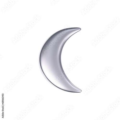 3d chrome moon icon in y2k futuristic style isolated on white background. Render 3d cyber silver metal galaxy moon emoji. 3d vector y2k illustration.