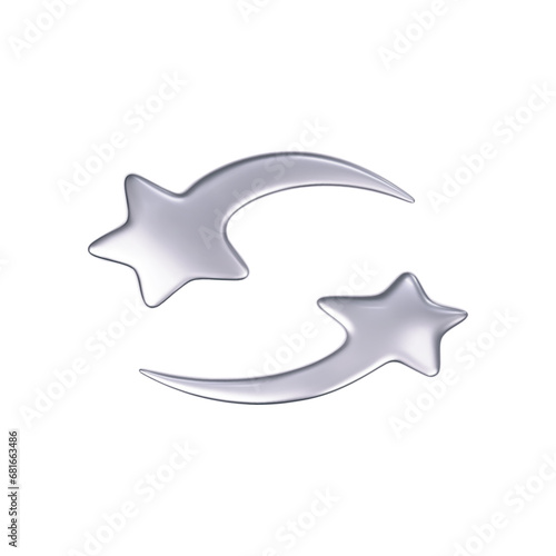 3d chrome falling or flying star in y2k futuristic style isolated on white background. Render 3d silver metal galaxy shooting star emoji with blings and sparks. 3d vector y2k illustration