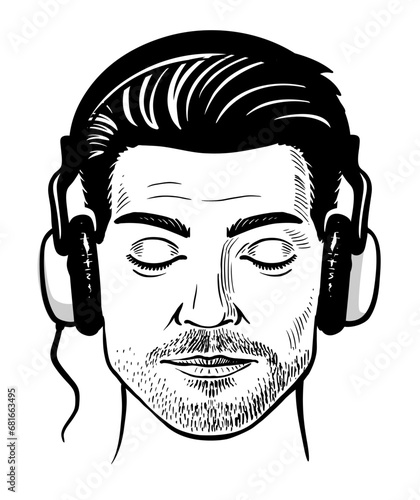 Man with headphones. Style haircut.