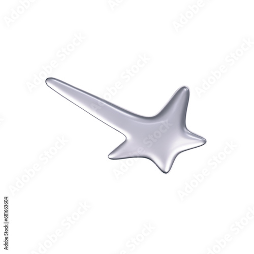 3d chrome falling or flying star in y2k futuristic style isolated on white background. Render 3d silver metal galaxy shooting star emoji with blings and sparks. 3d vector y2k illustration