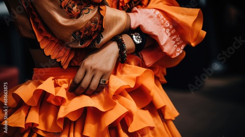 A flamenco dancer clapping her hands at the Sitges Carnival, her dress a cascade of bright ruffles photo