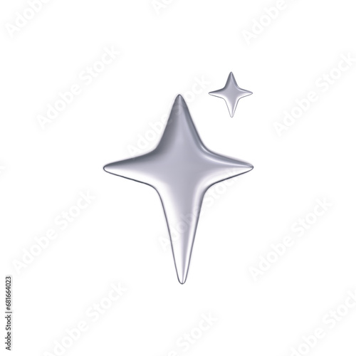 3d chrome falling or flying star in y2k futuristic style isolated on white background. Render 3d silver metal galaxy shooting star emoji with blings and sparks. 3d vector y2k illustration