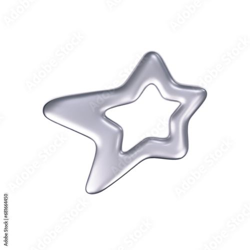 3d chrome outline star in y2k futuristic style isolated on white background. Render 3d cyber chrome galaxy emoji with falling and flying stars, blings and sparks. 3d vector y2k illustration.