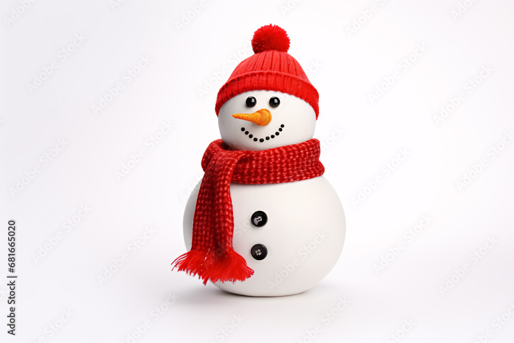A solitary snowman, donned in a festive Santa cap and red scarf, stands isolated against a white backdrop.