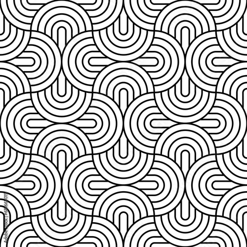Geometric seamless pattern. Repeating abstract background. Geometry tileable. Repeated cool black line isolated on white background. Check prints 3d design. Mark repeat trellis. Vector illustration