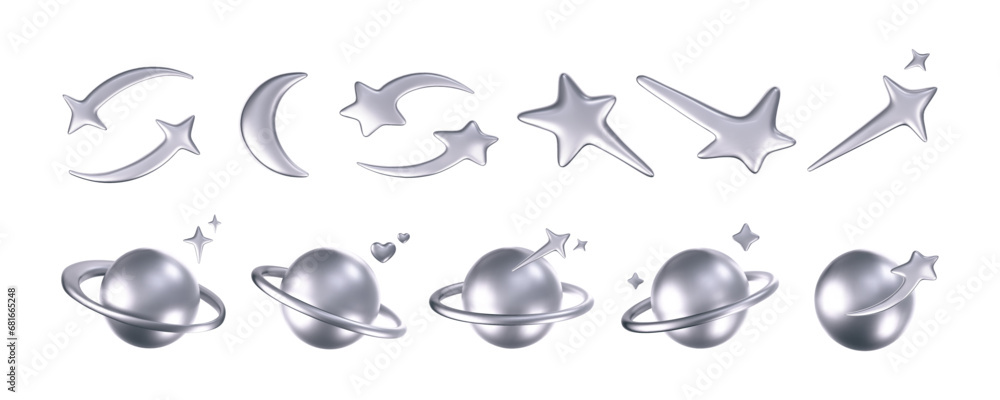 3d chrome stars and planets set in y2k, futuristic style on dark background. Render 3d cyber chrome galaxy emoji with falling star, planet, bling, spark, moon, hearts. 3d vector y2k illustration. 3d chrome stars and planets set in y2k, futuristic style on dark background. Render 3d cyber chrome galaxy emoji with falling star, planet, bling, spark, moon, hearts. 3d vector y2k illustration.