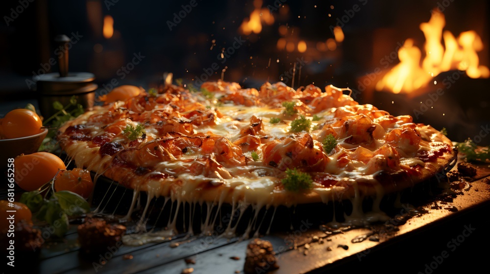Pizza with shrimp and mozzarella on a dark background.