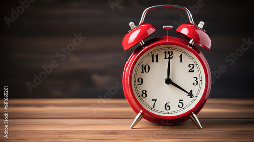Red colored retro alarm clock on the wooden table with blurred background