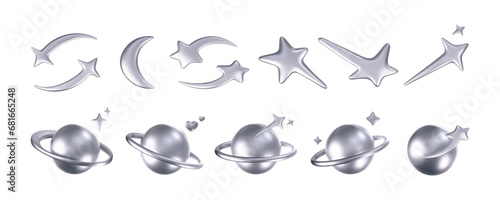 3d chrome stars and planets set in y2k, futuristic style on dark background. Render 3d cyber chrome galaxy emoji with falling star, planet, bling, spark, moon, hearts. 3d vector y2k illustration.