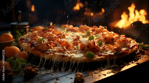 Pizza with shrimp and mozzarella on a dark background.