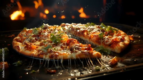 Pizza with mozzarella cheese and tomato sauce on a dark background
