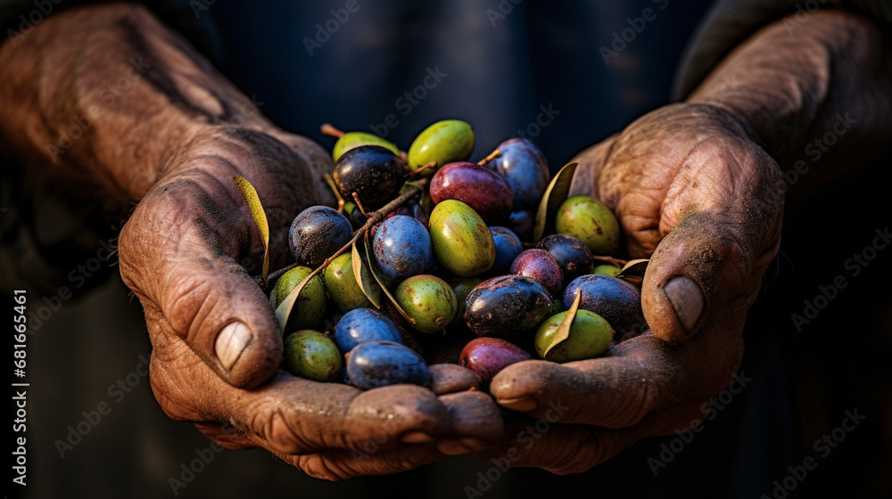 Close-up of farmer's tired hands picking a handful of olives - obrazy, fototapety, plakaty 