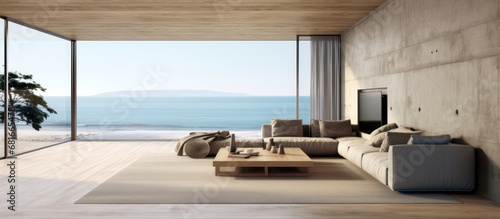 Minimalist empty living room with views of the blue sea outside. AI generated image