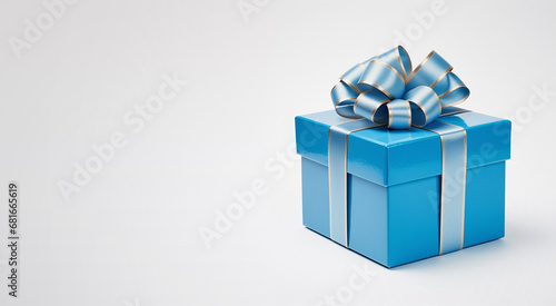 Blue gift box - blue and gold ribbon - white background - copy space to the left © ana