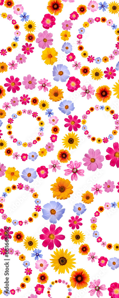 Floral background of bright summer flowers on transparent background with possibility to change background color. Background for bookmark design or cell phone wallpaper.
