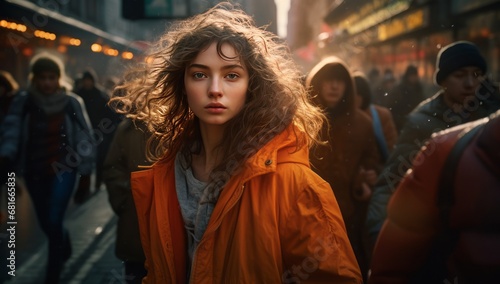 A Woman in an Orange Jacket Walking Down the Street