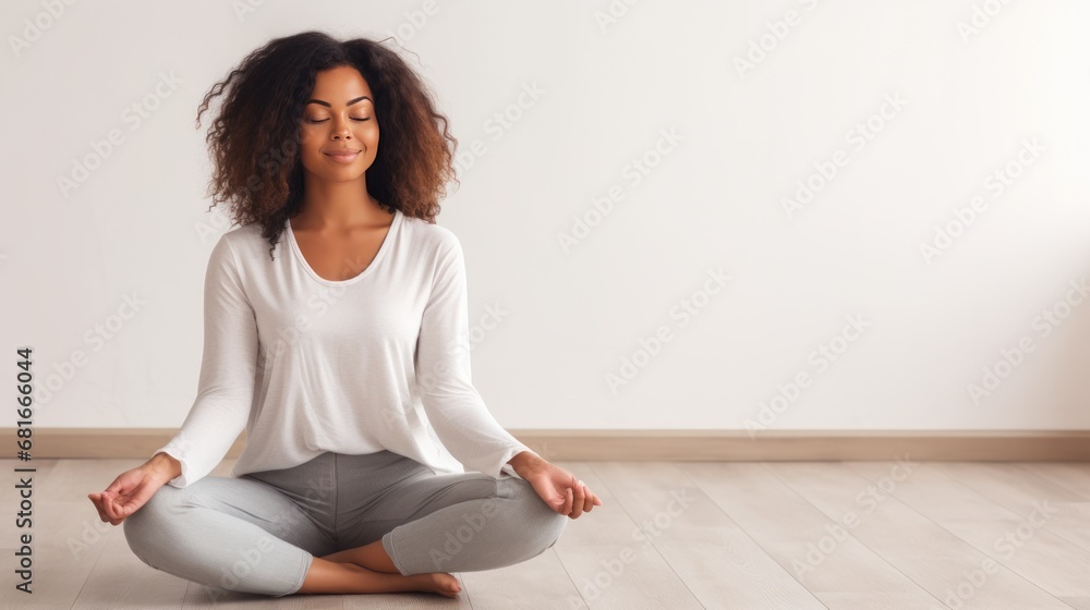 Health, active lifestyle and meditation. Portrait of attractive peaceful young black dark-skinned woman meditating indoors, keeping her eyes closed