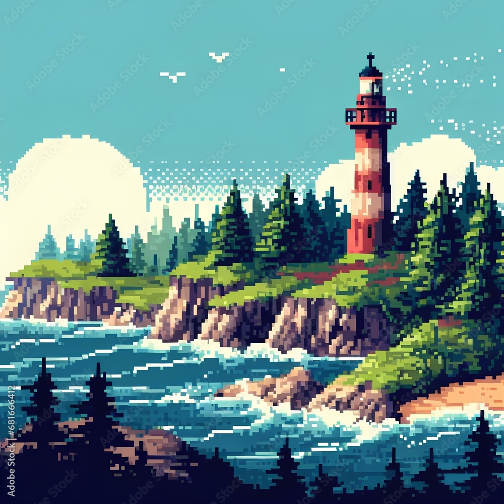 Landscape with lighthouse pixel art style.