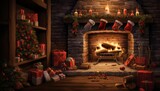 A Cozy Christmas Fireplace with Stockings and Decorations Hung