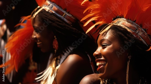 A troupe of calypso musicians in bright, feathered costumes at a Caribbean Carnival