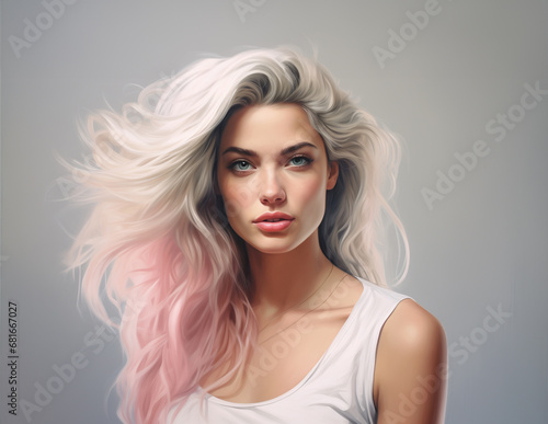 portrait of a beautiful woman, blond hair with pink accents