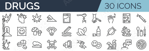 Set of 30 outline icons related to drugs, narcotics. Linear icon collection. Editable stroke. Vector illustration