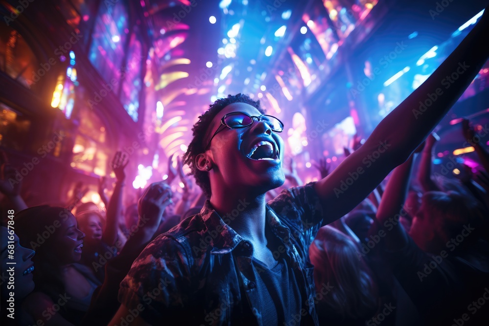 Vibrant crowd, dancing under neon lights, radiates joy. nightlife and entertainment concept Vibrant crowd, dancing under neon lights, radiates joy. nightlife and entertainment concept