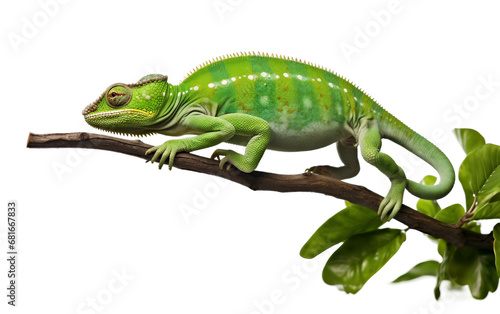 Amazing Green Chameleon with Prehensile Tail and Walking in a Branch of Tree Isolated on Transparent Background PNG.