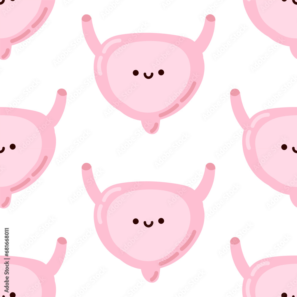 Seamless pattern cute kawaii human organ. Happy bladder isolated on white background, children's illustration in flat style. - obrazy, fototapety, plakaty 
