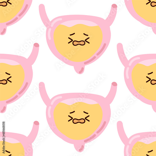 Seamless pattern adorable kawaii human organ. Unhappy full bladder isolated on white background, child illustration in flat style, incontinence problem.