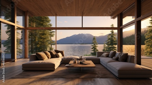 Modern home or upscale hotel living room with sofa on wooden floor. Simple interior 3D rendering of a house with a lake and sky perspective. © Muzamili art