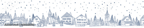Christmas and New Year seamless border pattern. Fairy tale houses, stars, snowflakes, fir tree and spruce. Blue contour doodle on a white background