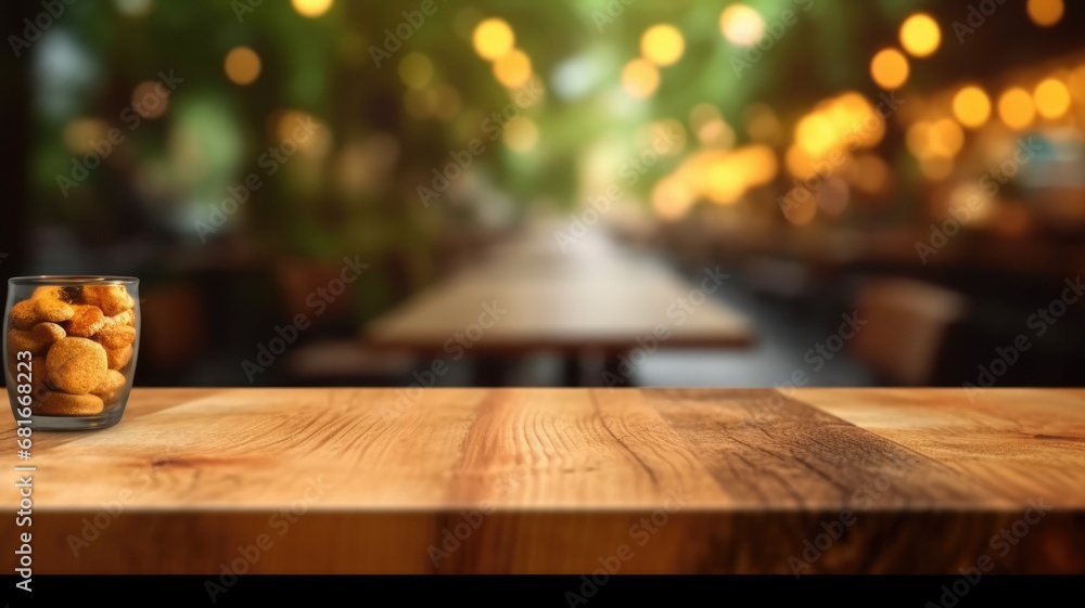 The empty wooden table top with blur background of outdoor cafe. Generative AI image AIG30.