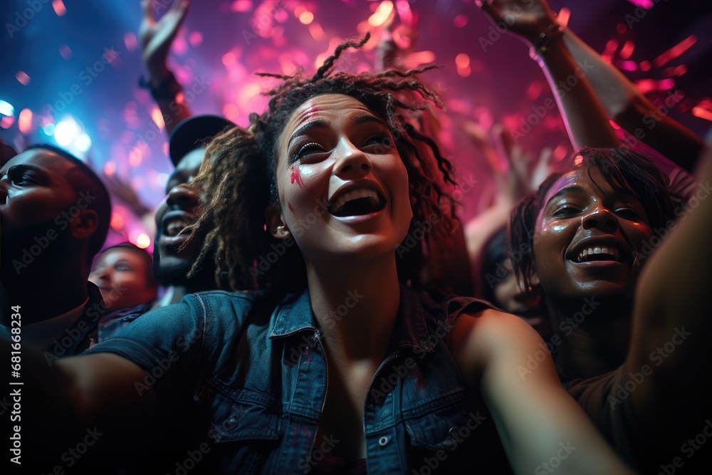 Obraz premium Vibrant crowd, dancing under neon lights, radiates joy. nightlife and entertainment concept