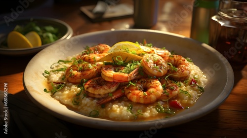 Shrimp and Grits, a Southern classic of succulent shrimp atop creamy grits.