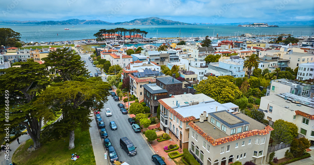 Residential housing San Francisco aerial view of bay with Alcatraz Island, CA