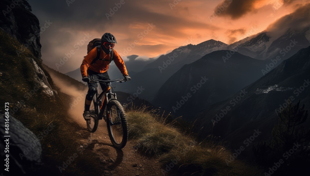 Man Riding a Mountain Bike Down a Thrilling Trail Man Riding a Mountain Bike Down a Thrilling Trail