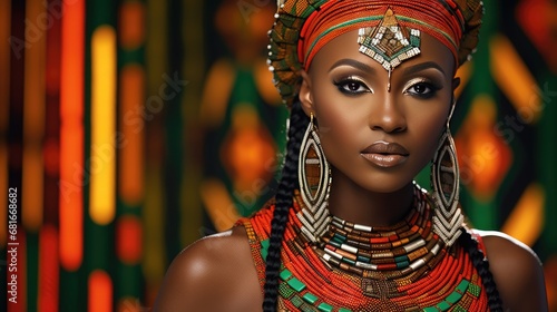 African woman wearing traditional national clothing and head wrapper. Black History Month concept. Black beautiful lady close-up portrait dressed in colourful cloth and jewellery. . photo