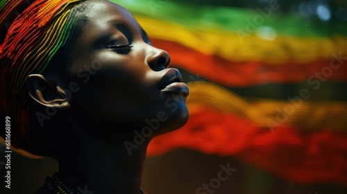 African woman wearing traditional national clothing and head wrapper. Black History Month concept. Black beautiful lady close-up portrait dressed in colourful cloth and jewellery. .