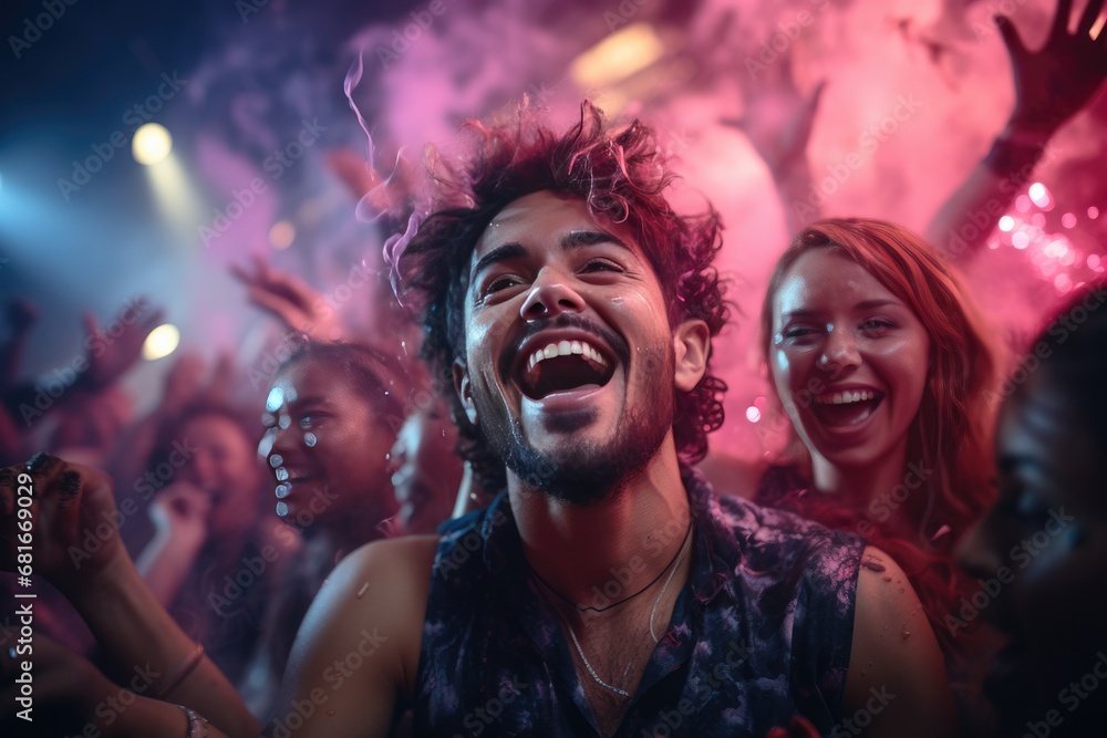 Vibrant crowd, dancing under neon lights, radiates joy. nightlife and entertainment concept Vibrant crowd, dancing under neon lights, radiates joy. nightlife and entertainment concept