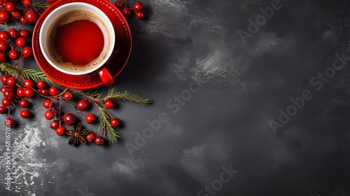 Christmas coffee with nobilis branches ruddy balls Christmas welcoming card happy new year see from over level lay photo