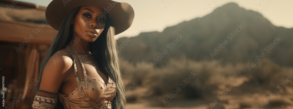 A Beautiful Badass African Cowgirl - Amazing Black Cowgirl Background - Clothes are in the Raw, Tough and Grunge Style - African Cowgirl Wallpaper created with Generative AI Technology - obrazy, fototapety, plakaty 