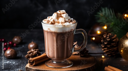 Christmas delightful hot chocolate with marshmallows, nuts and cinnamon on a silver plate