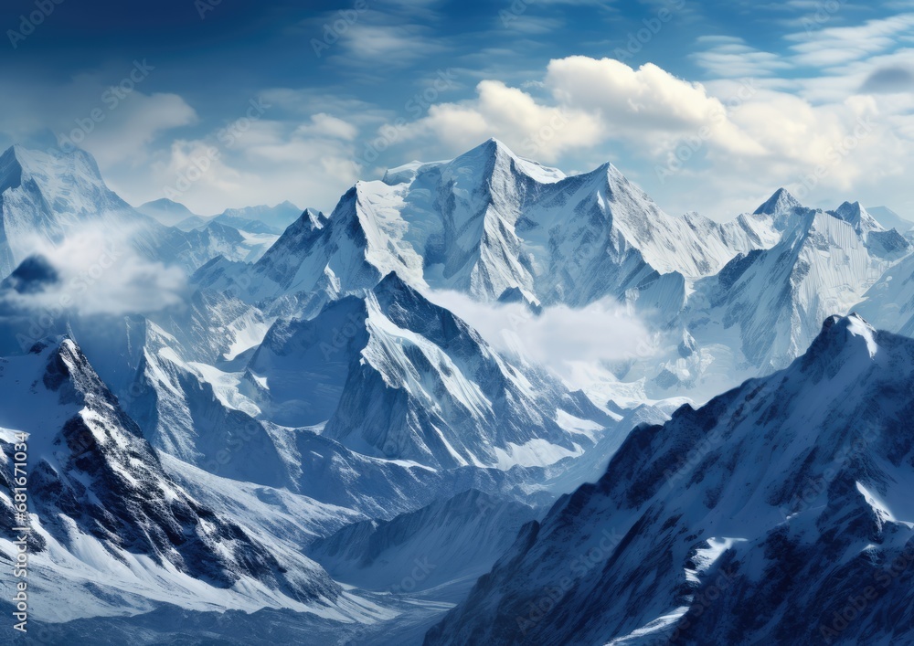 A majestic mountain range covered in a blanket of snow, captured from a high vantage point. The