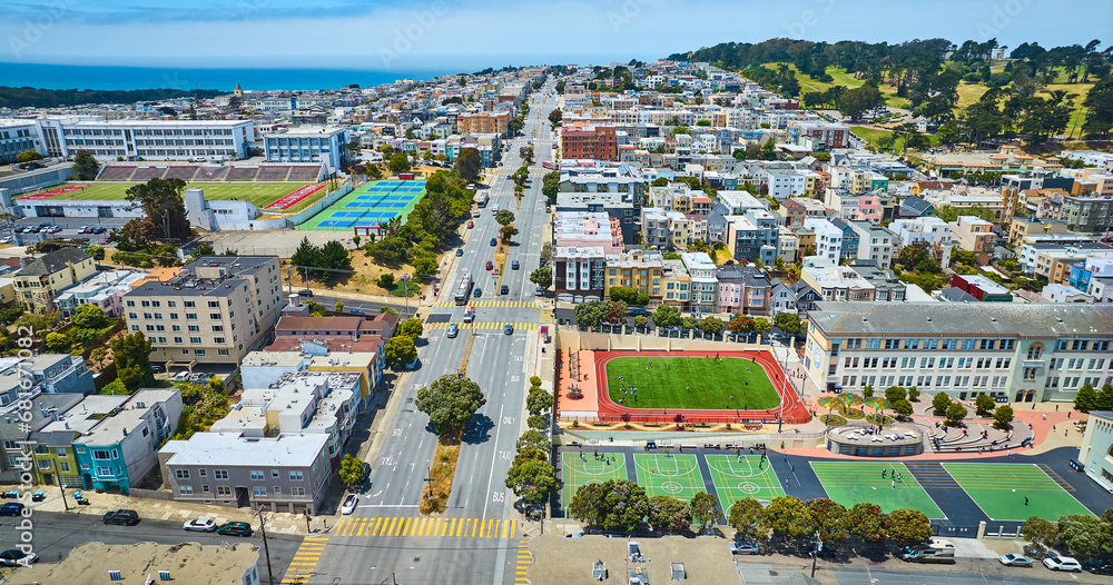 Presidio Middle School track and sports fields with George Washington High School football field aerial San Francisco, CA