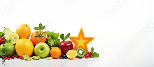 In an isolated white background  a vibrant star of nature appears  a green apple  accompanied by an array of colorful vegetables and oranges  symbolizing health and the goodness of fruits in our