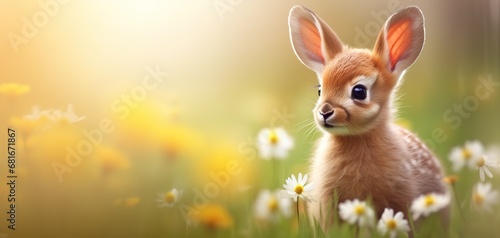 cute baby fawn in flower field, dreamy atmosphere background wallpaper, Generative Ai © QuietWord