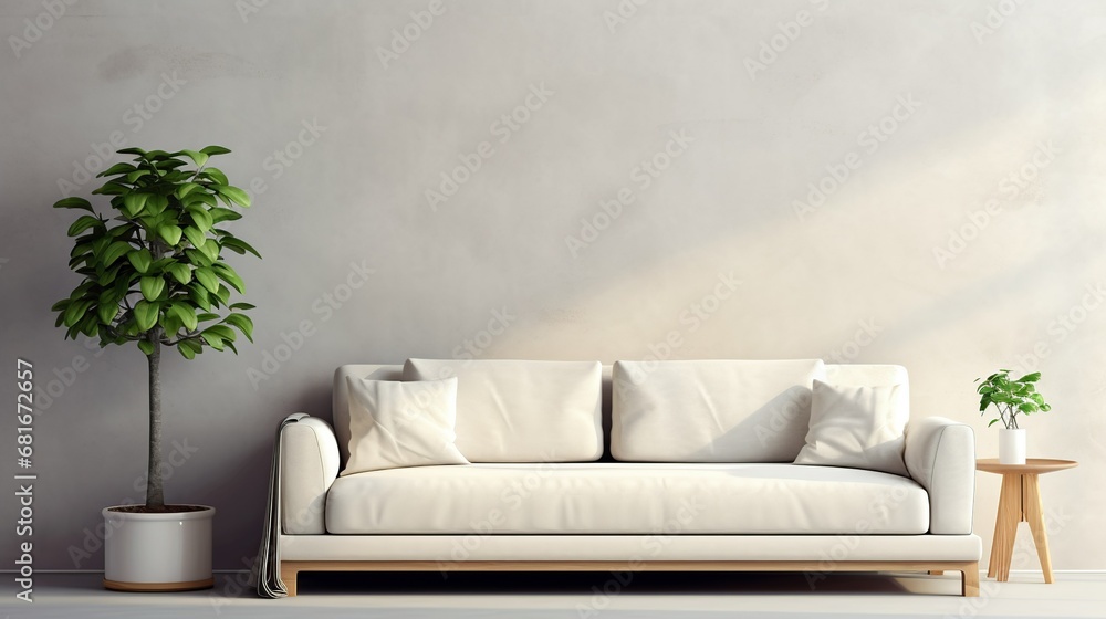 White sofa and potted houseplant against concrete wall. Minimalist home interior design of modern living room, panorama, Generative AI White sofa and potted houseplant against concrete wall. Minimalist home interior design of modern living room, panorama, Generative AI